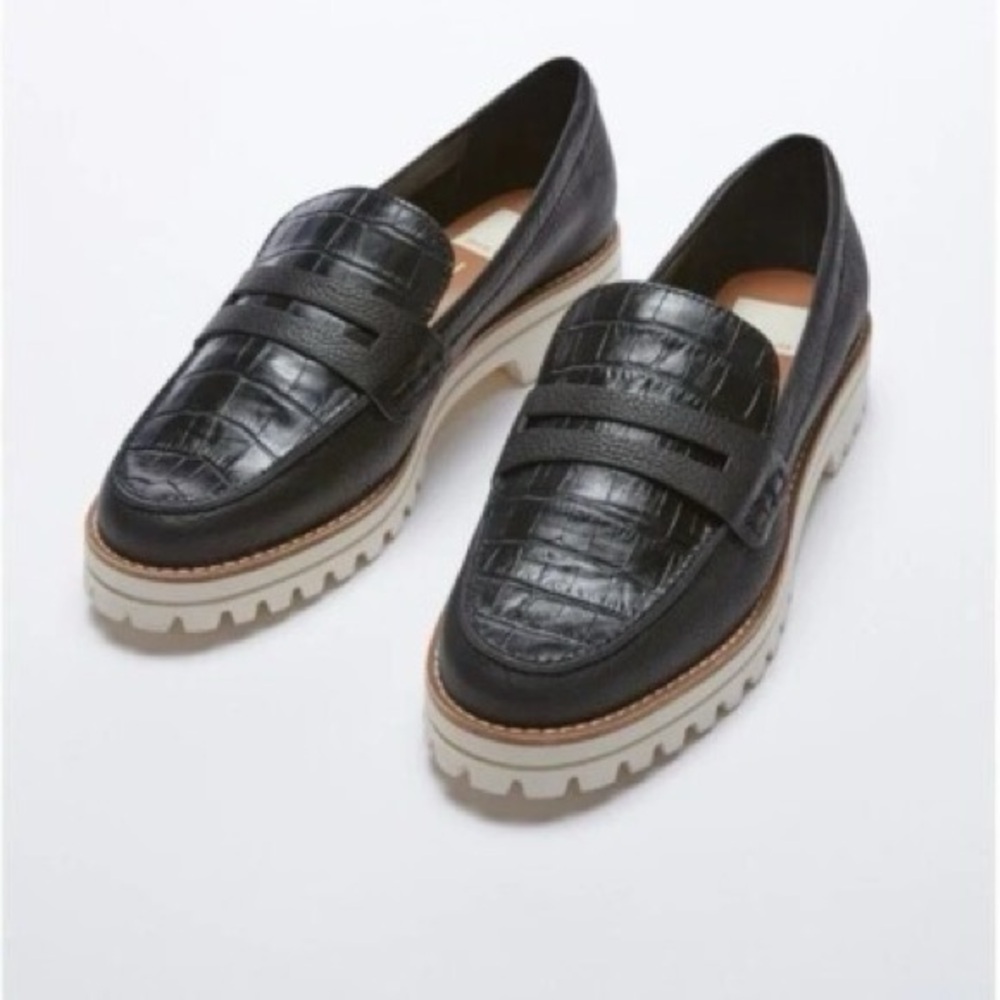Anthropologie Black Croc-Embossed Leather Lug Sole Loafers